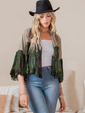 NWOT Young Threads Embroidered Green & Taupe Ruffled Open-Front Crop Kimono